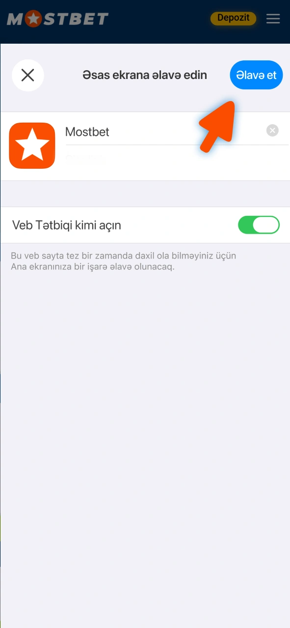 Mostbet iOS tətbiqini yükləmək üçün veb saytı ana ekranınıza əlavə edin.