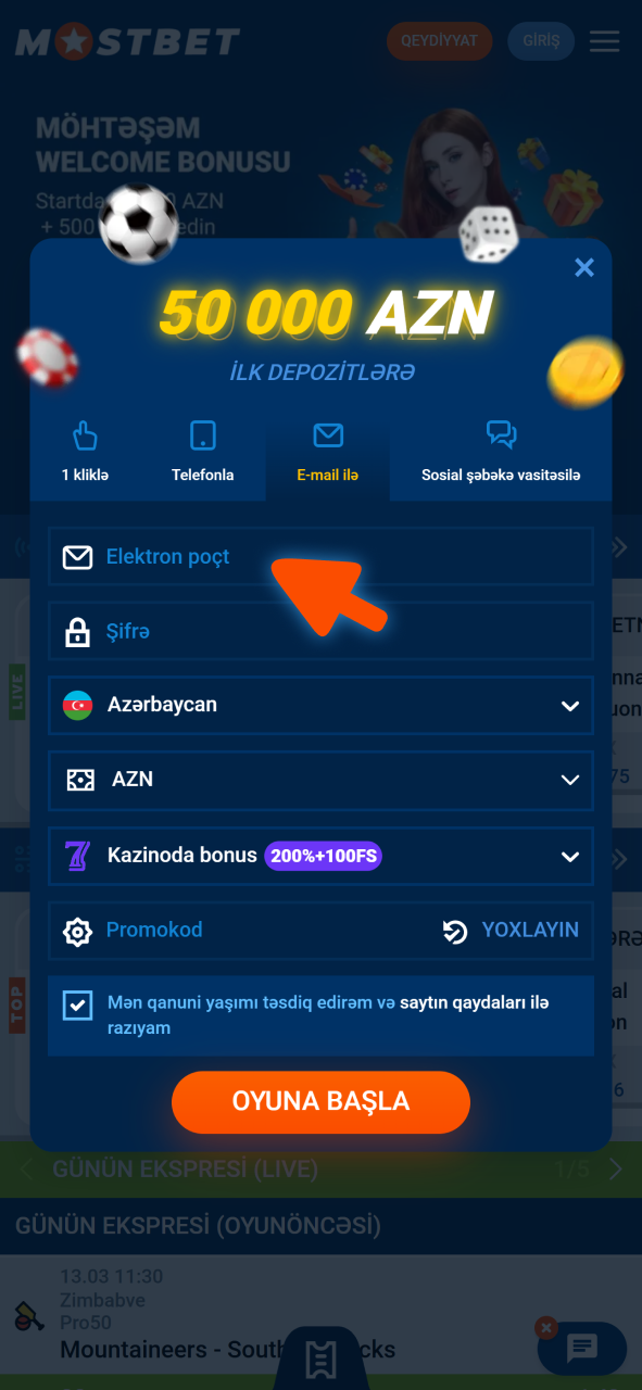 Şəxsi məlumatları daxil edin və Mostbet qeydiyyat formasını tamamlayın.
